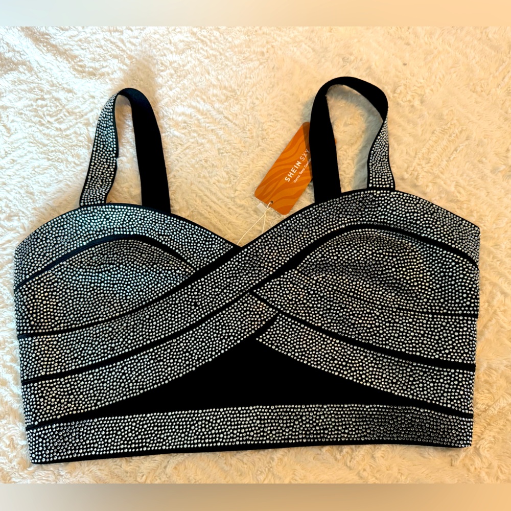 SHEIN Black and Silver Embellished crop Top